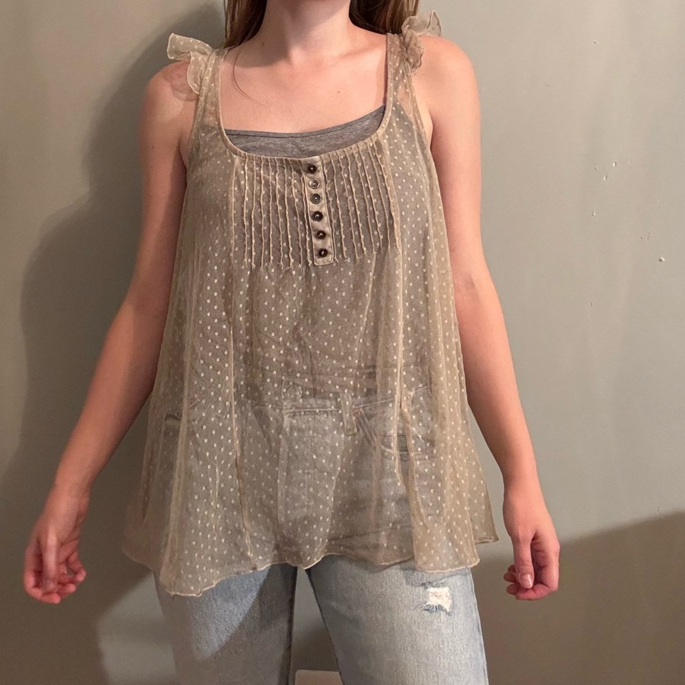Willow & Clay Mesh Tan Polka Dot Blouse